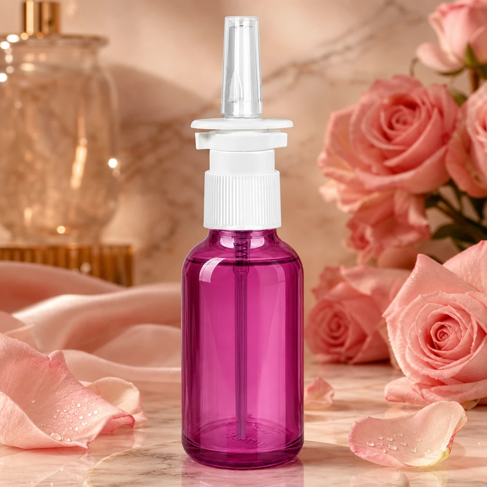 Käytännöllinen 30 ml:n nenäsumutepullo tyylikkäässä violetissa ulkonäössä ja ergonomisella valkoisella pumppusumutinpäällä.
