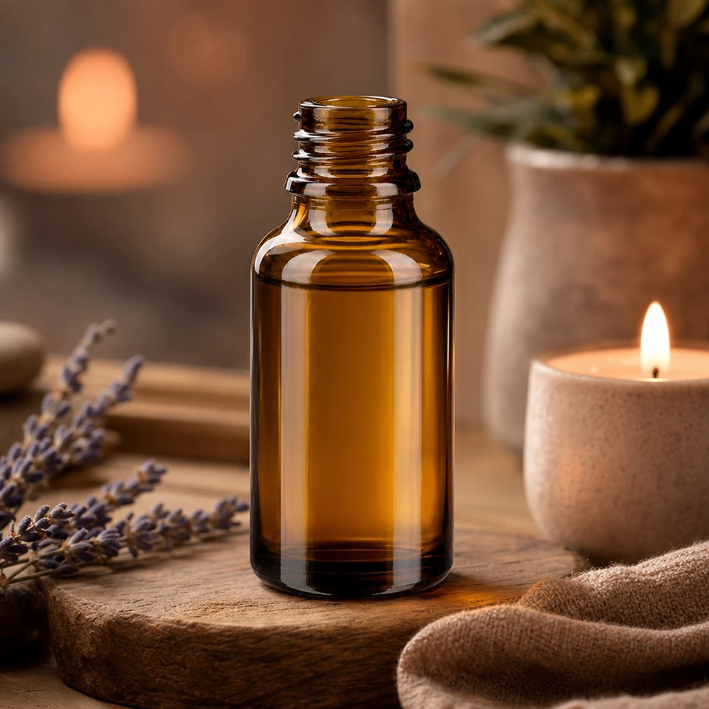 Tippapullo 30 ml DIN 18 ruskeankeltainen lasi LOW SHAPE 30ml ruskea ApoGlas-pullo eteerisille öljyille laventelin aromaterapiasetin ja palavien kynttilöiden kanssa.