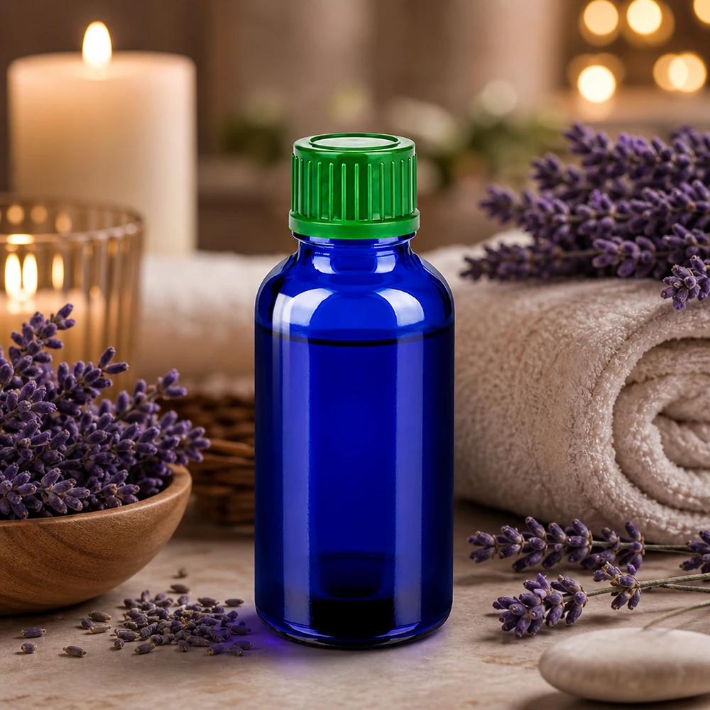30ml BlueLine-lasipullo, jossa on vihreä vakiokorkki aromaterapiaan ja kosmetiikkaan.