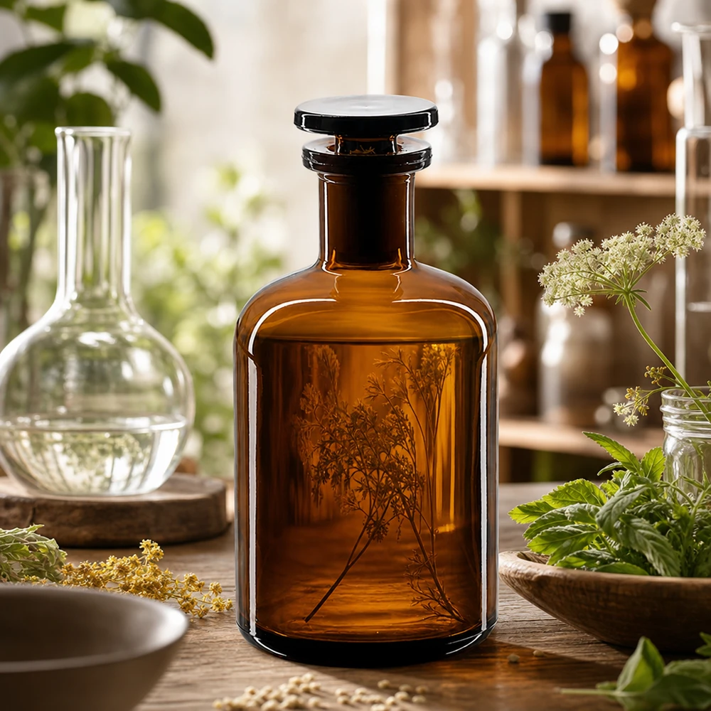 Pyöreä olkapääpullo 100ml ruskea kapeakaulainen lasitulppa 100 ml:n ruskea kapeakaulainen laboratoriopullo, jossa on lasitulppa, puupöydällä, jonka päällä on lääkekasveja