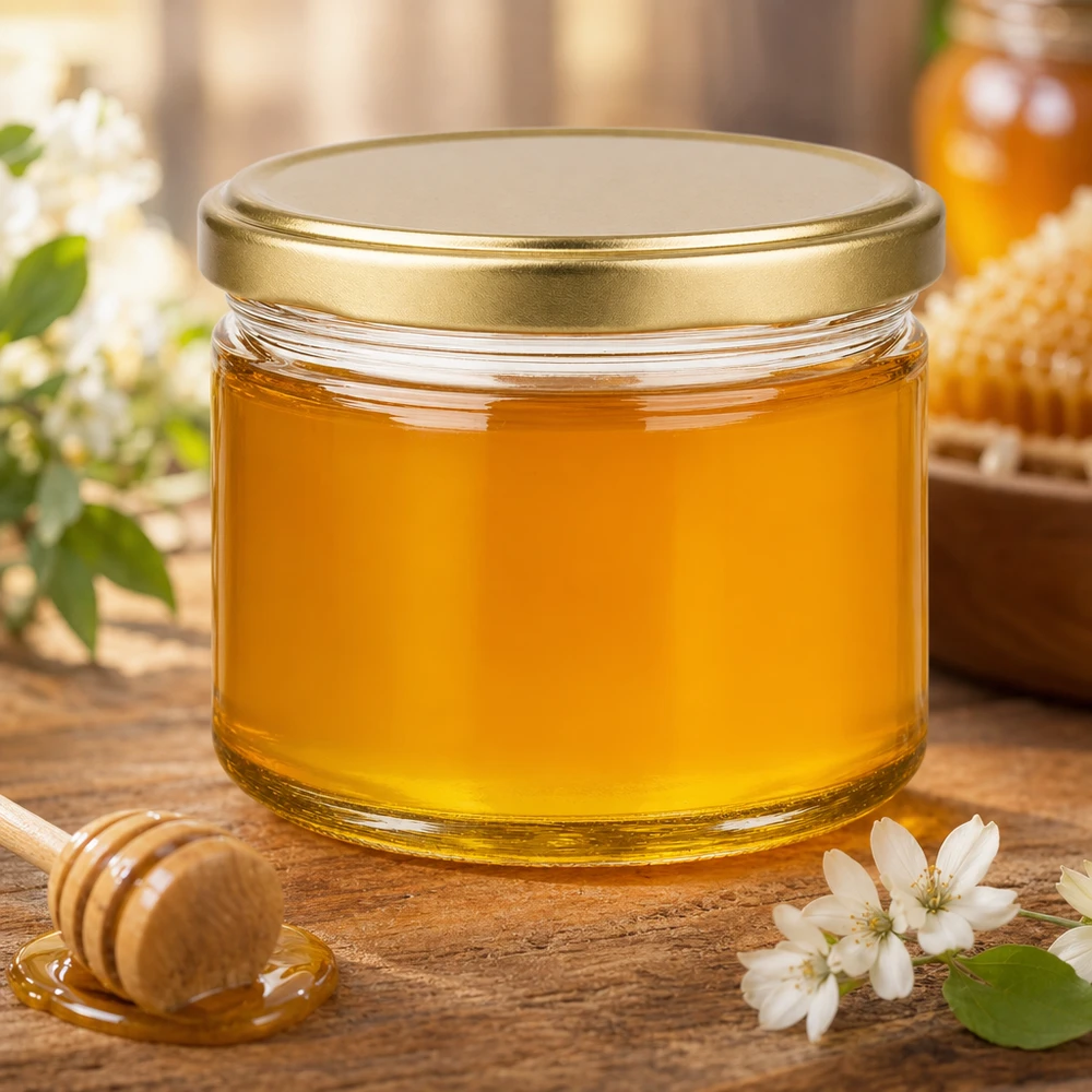 700g Honigglas mit goldenem Deckel BasicSeal UNiTWIST 700g BasicSeal-hunajapurkki kultaisella kannella puupöydällä, koristeltu valkoisilla kukilla ja hunajalusikalla.