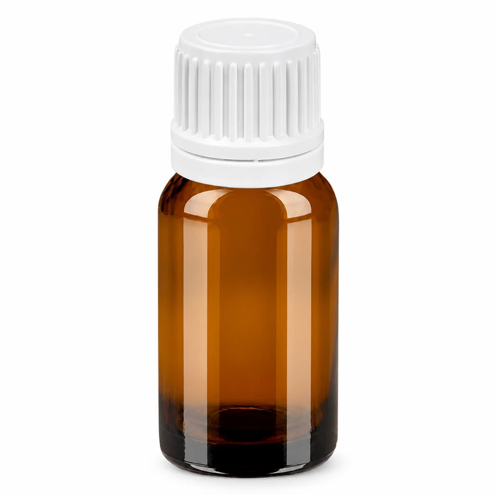 10ml lasipullo ruskea valkoisella kierrekorkilla eteerisille öljyille ja kosmetiikalle.