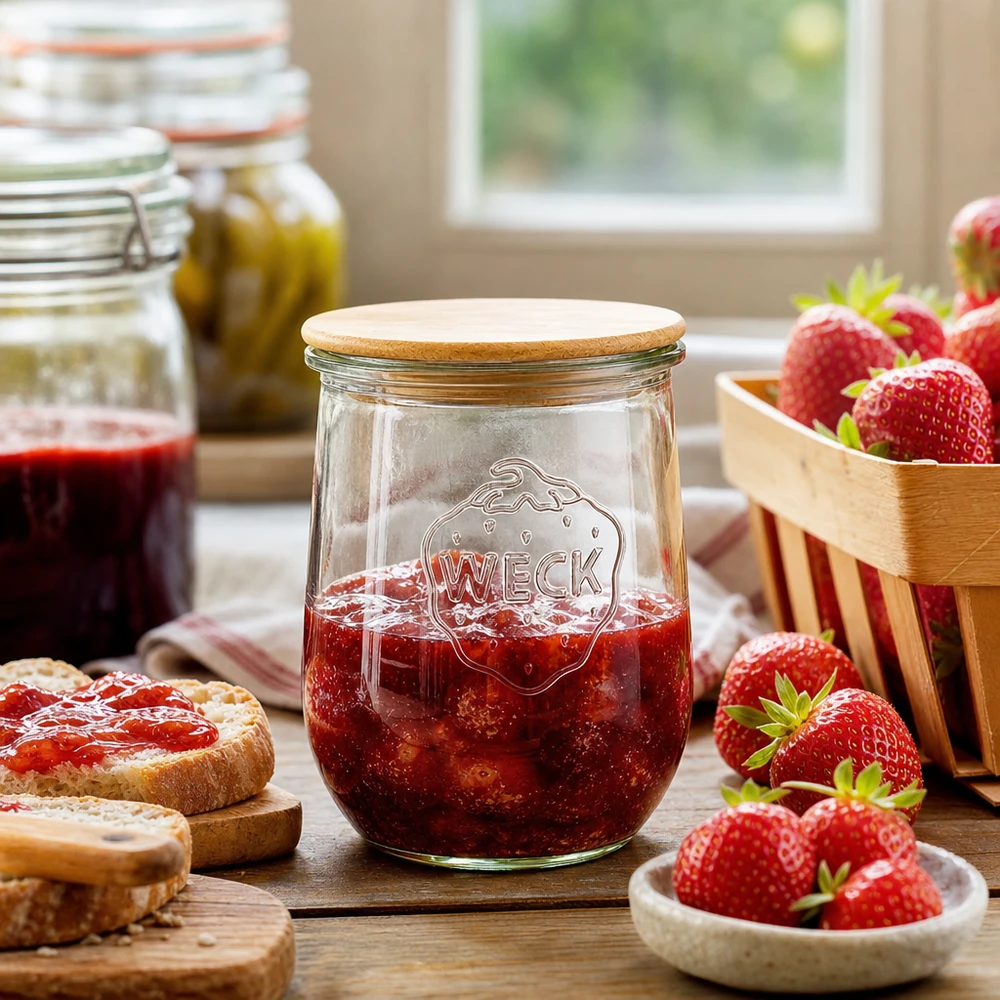 1062ml WECK RR100 tulppaanipurkki, jossa on puukansi WECK tulppaanipurkki RR100 1062ml puukannella täynnä mansikkahilloa keittiön pöydällä tuoreiden mansikoiden kanssa