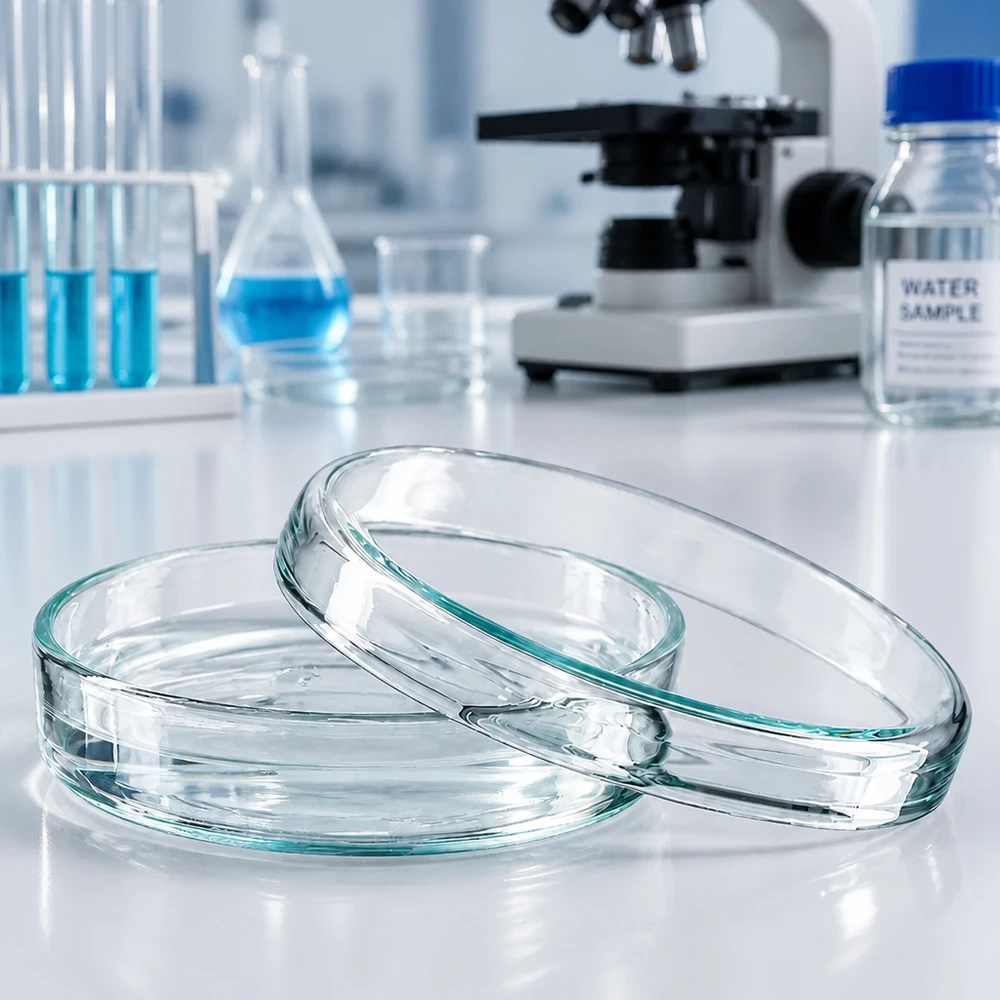 Lasinen petrimalja, 70 x 15 mm, kannella, laboratoriossa mikroskoopin ja vesinäytteen vieressä