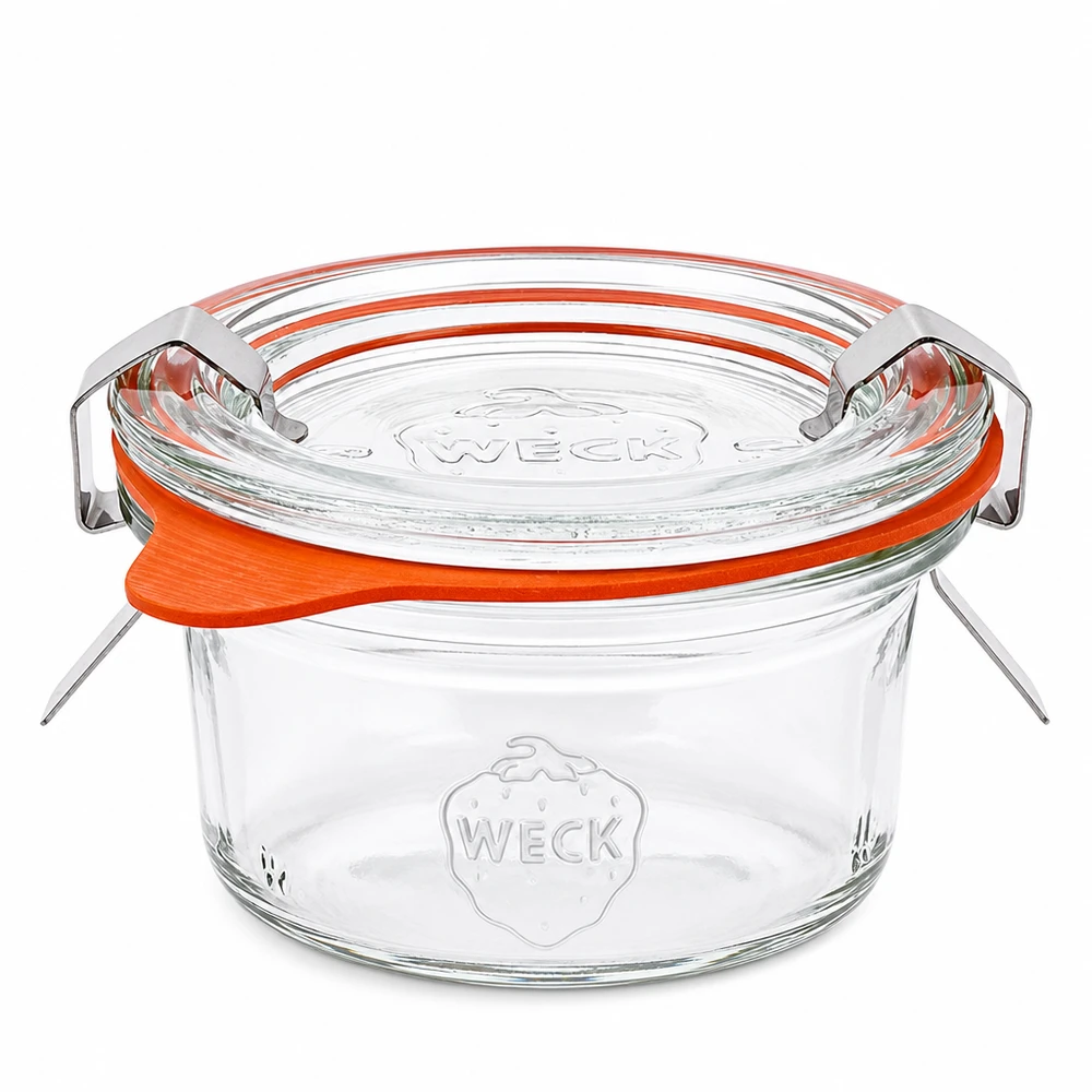 50 ml:n tumppupurkki täydellisenä WECK RR60 WECK 50 ml:n lasipullot RR60 lasikannella ja oranssilla kumirenkaalla, täydellinen sarja säilöntään ja säilykkeisiin.