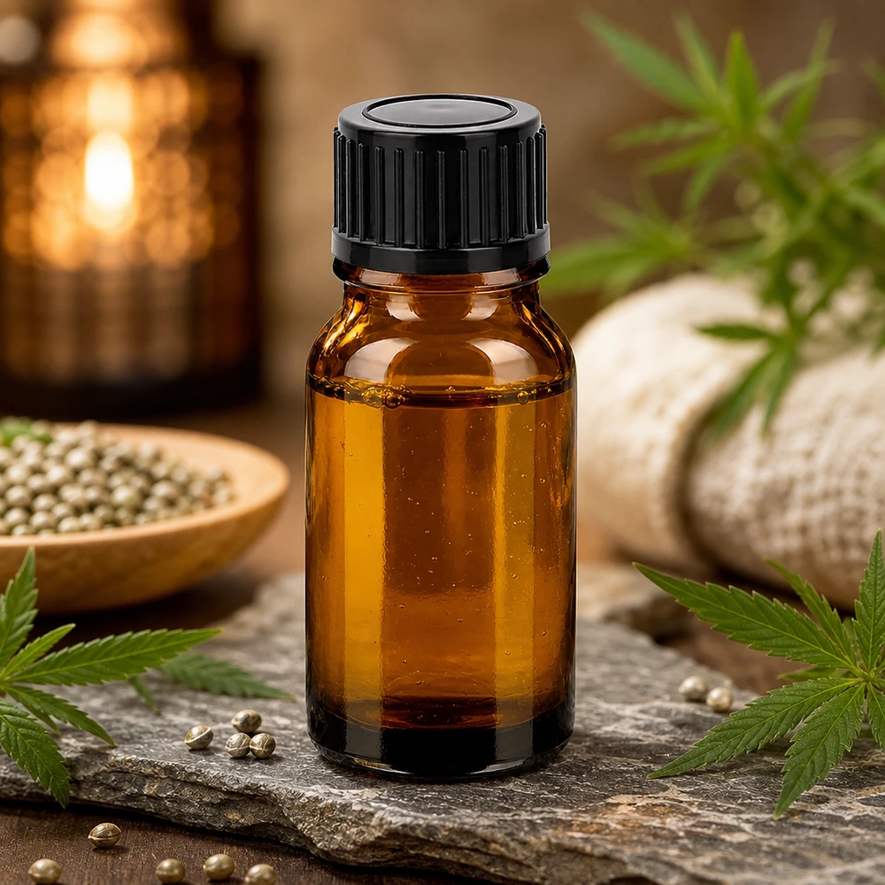 Kompakti 10ml meripihkanvärinen lasipullo, jossa on musta korkki, ihanteellinen luonnollisille esansseille ja uutteille.