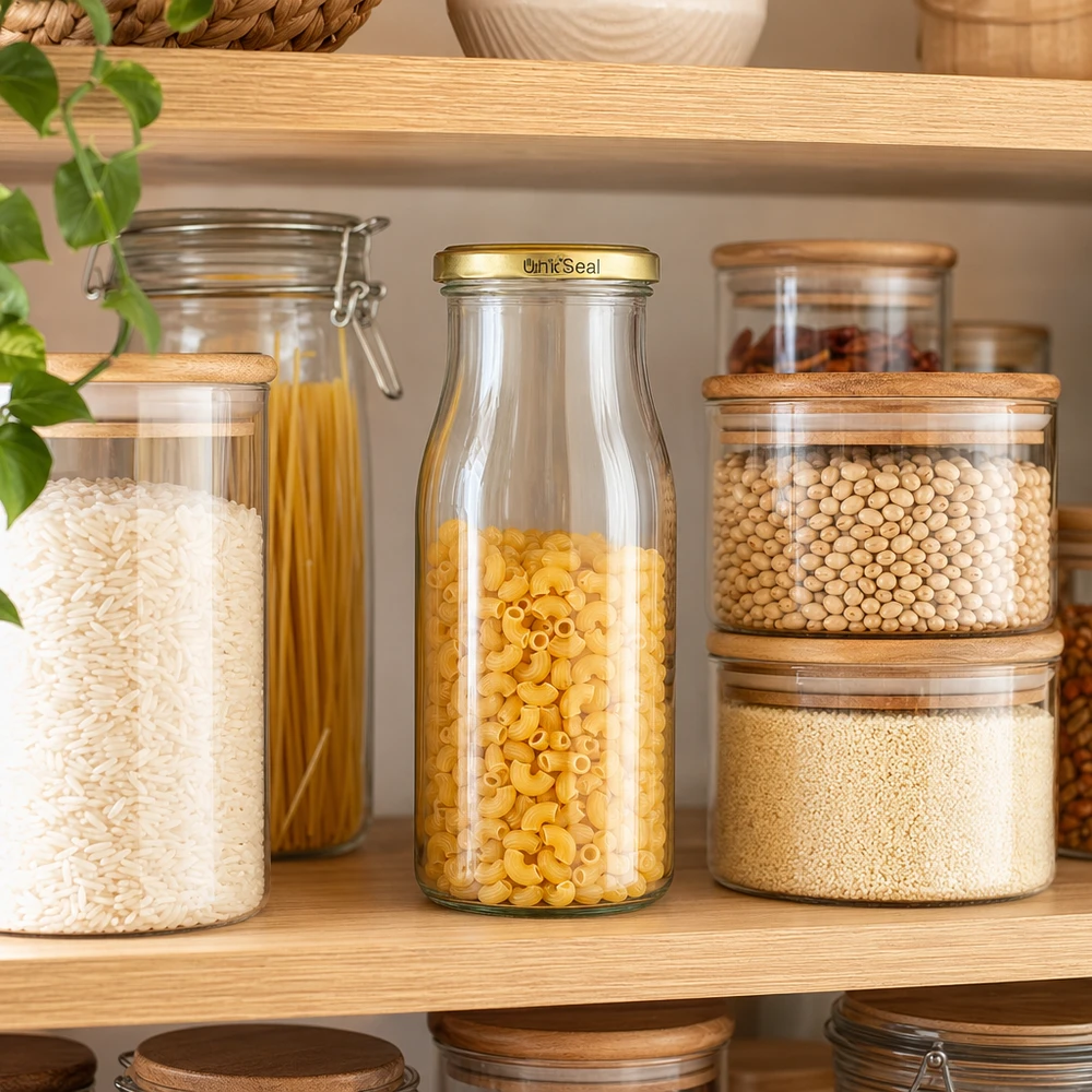 UNiTWIST lasipullo 150ml kultainen BioSeal-kansi täynnä pastaa säilytyspurkkien välissä Pantry-organisaatio