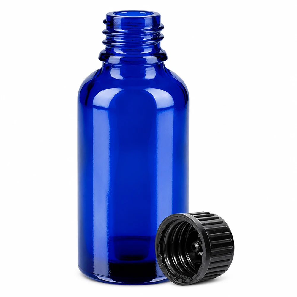 30ml pullo 11mm kierrekorkki musta vakio BlueLine UT18/30 Pieni 30 ml:n lasipullo koboltinsinistä, jossa on musta uurrettu korkki tarkkaa annostelua varten.