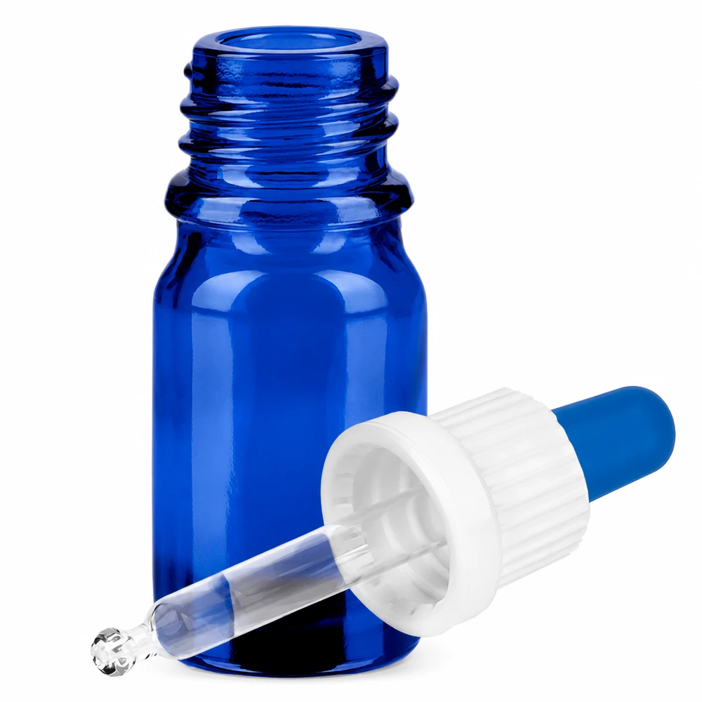 5ml pipettipullo valkoinen/sininen sulkeminen väärentämisen estävällä sulkimella BlueLine UT18/5 BlueLine UT18/5 Sininen lasipullo 5ml pipetillä ja valkoisella tiputuskorkilla tarkkaa annostelua varten.
