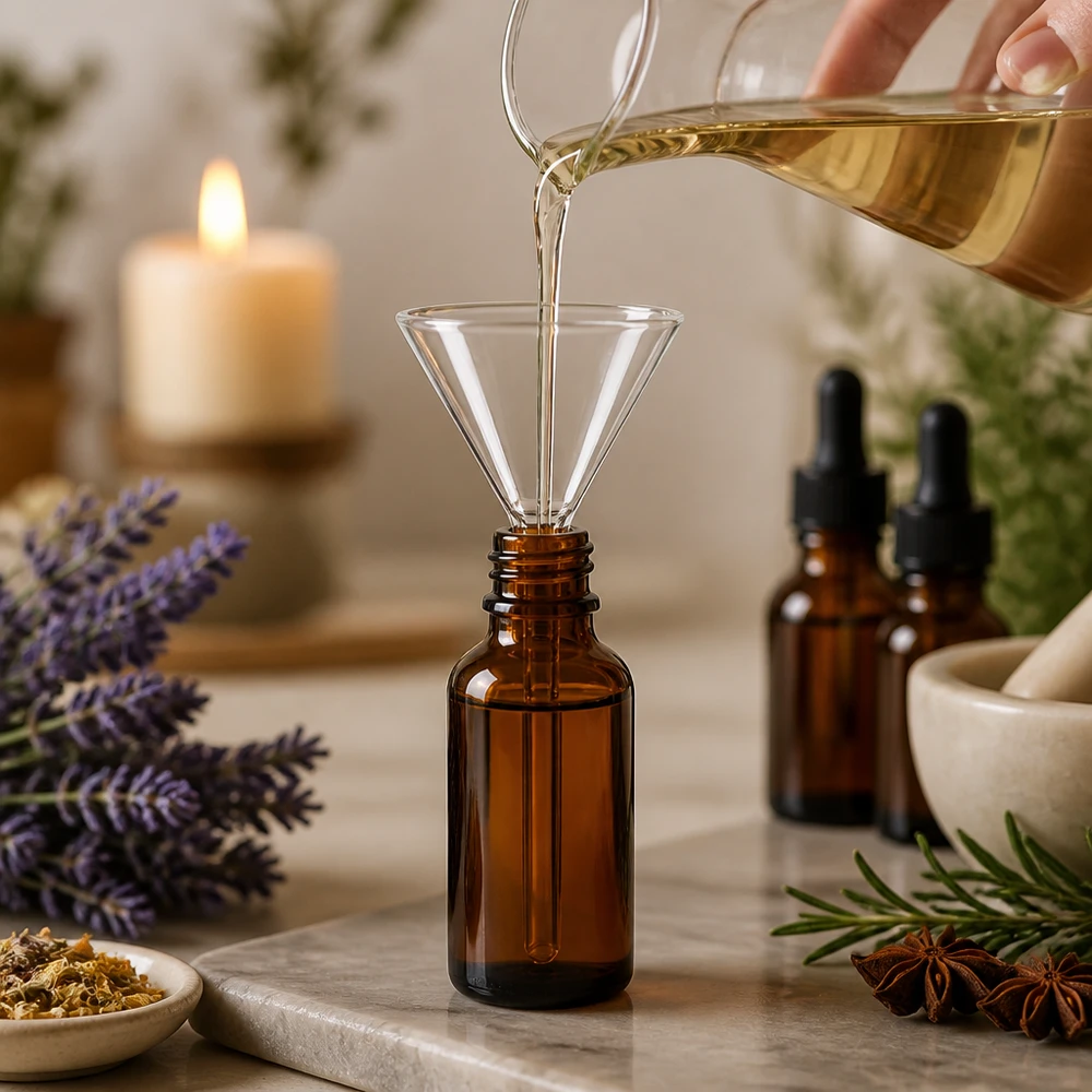 Tarkkuuslasisuppilo 100mm lyhyellä varrella farmaseuttisiin ja aromaterapiasovelluksiin.