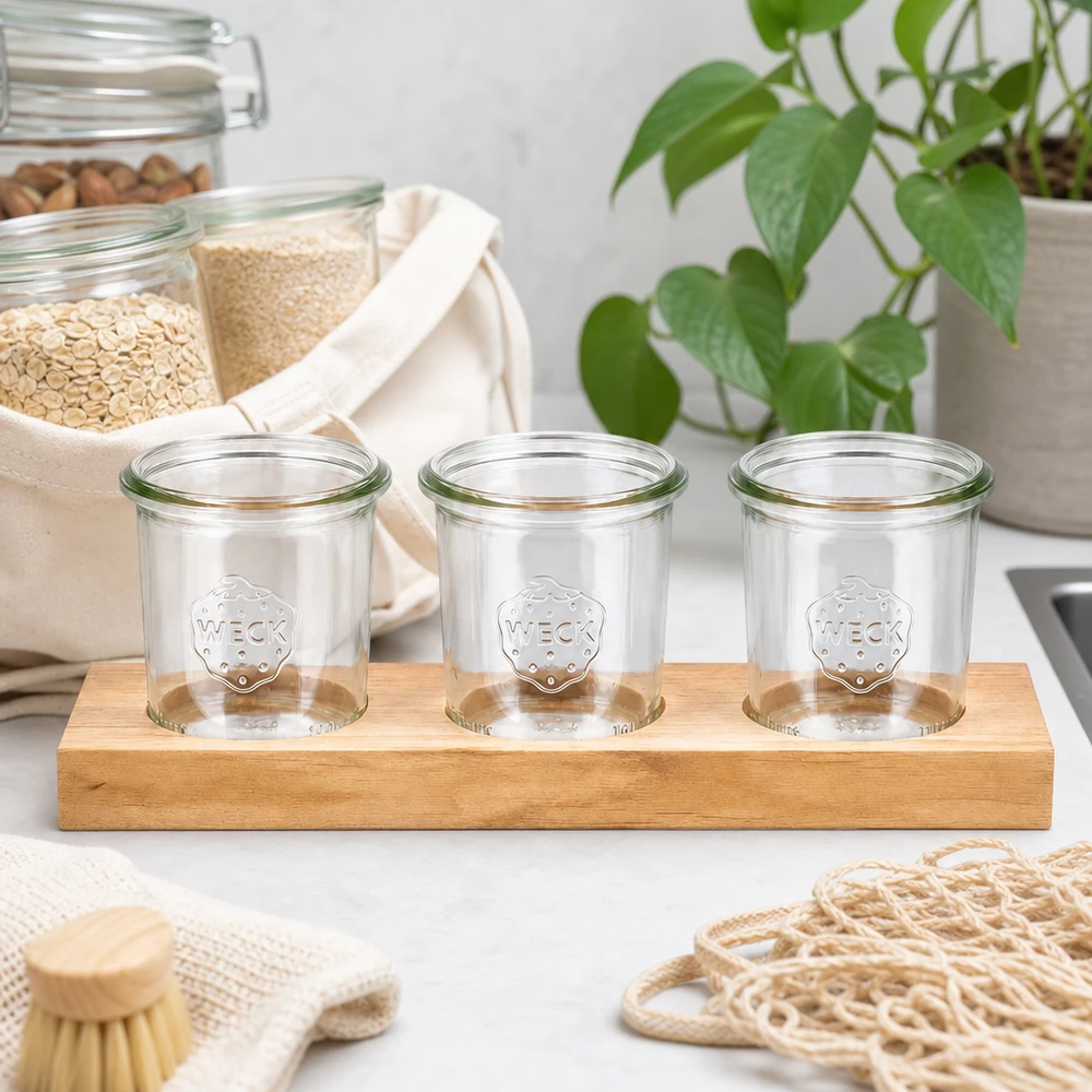 Tyhjät WECK 140ml juomapullot Plano3 puisella tarjoilulaudalla kestävässä nollajätekeittiössä, jossa on luonnonkuituja.