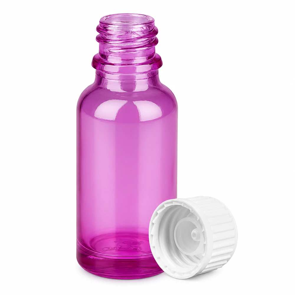 Pieni 20ml lasinen tippapullo läpinäkyvää violettia, jossa on käytännöllinen kierrekorkki.