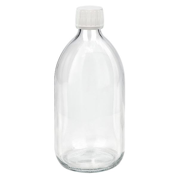 500ml lääkepullo kirkas, valkoinen korkki, jossa peukalointi-evidentti rengas ApoGlas 500ml lääkepullo kirkas, valkoinen korkki, jossa peukalointi-evidentti rengas ApoGlas