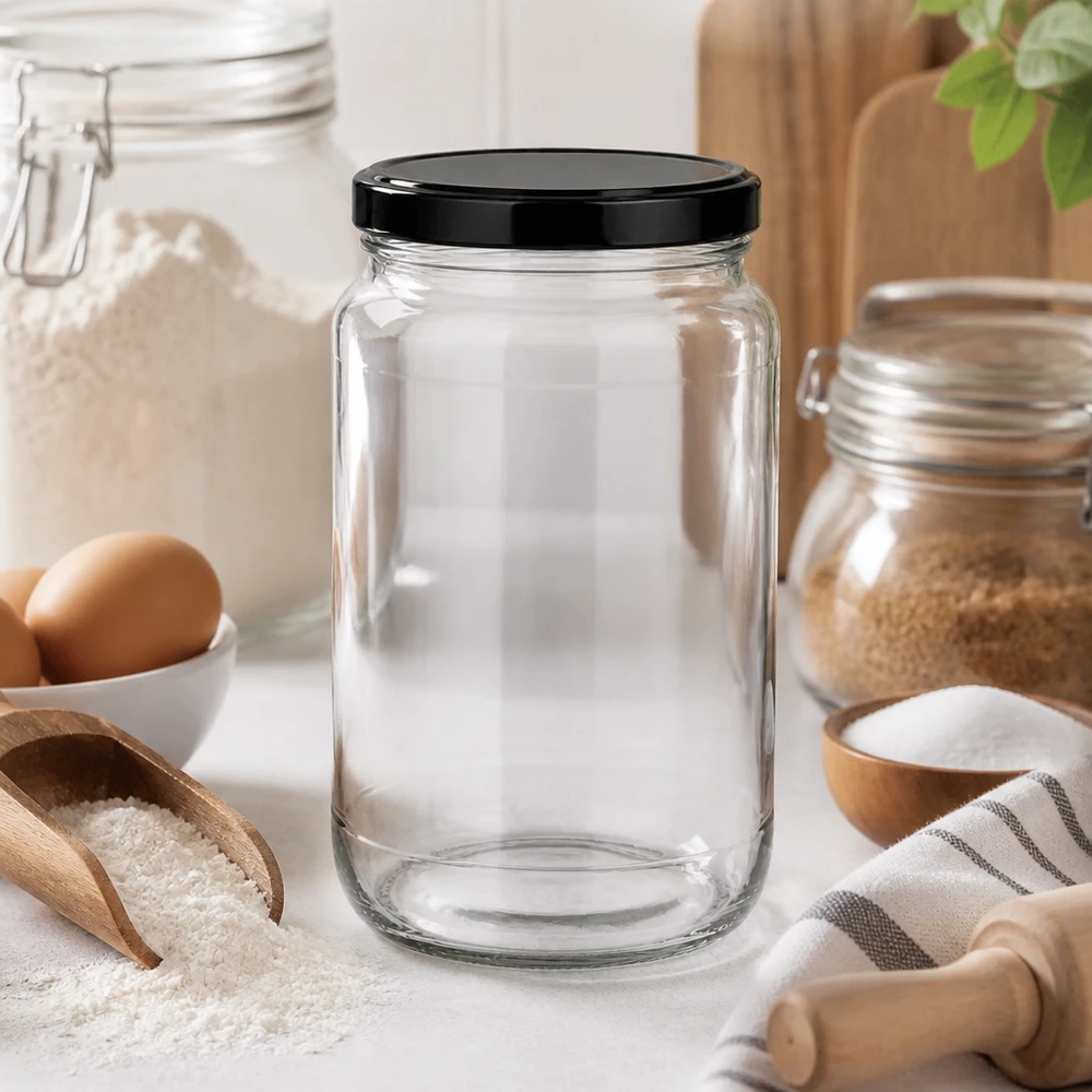 1700ml pyöreä purkki tyhjä modernissa keittiössä osoittaa tyylikkään muotoilun monipuoliseen säilytykseen ja koristeluun.