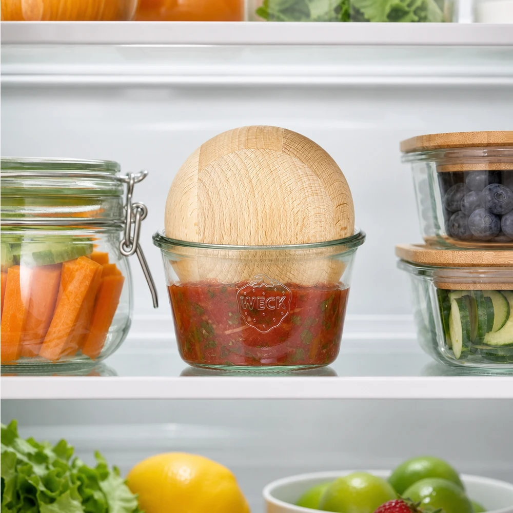 370ml juomalasit WECK RR100 puupallolla pyökki WECK RR100 Jääkaappisäilytyspurkki 370ml Salsa Dip Beech pallo vihannesten vieressä tuoreita ainesosia