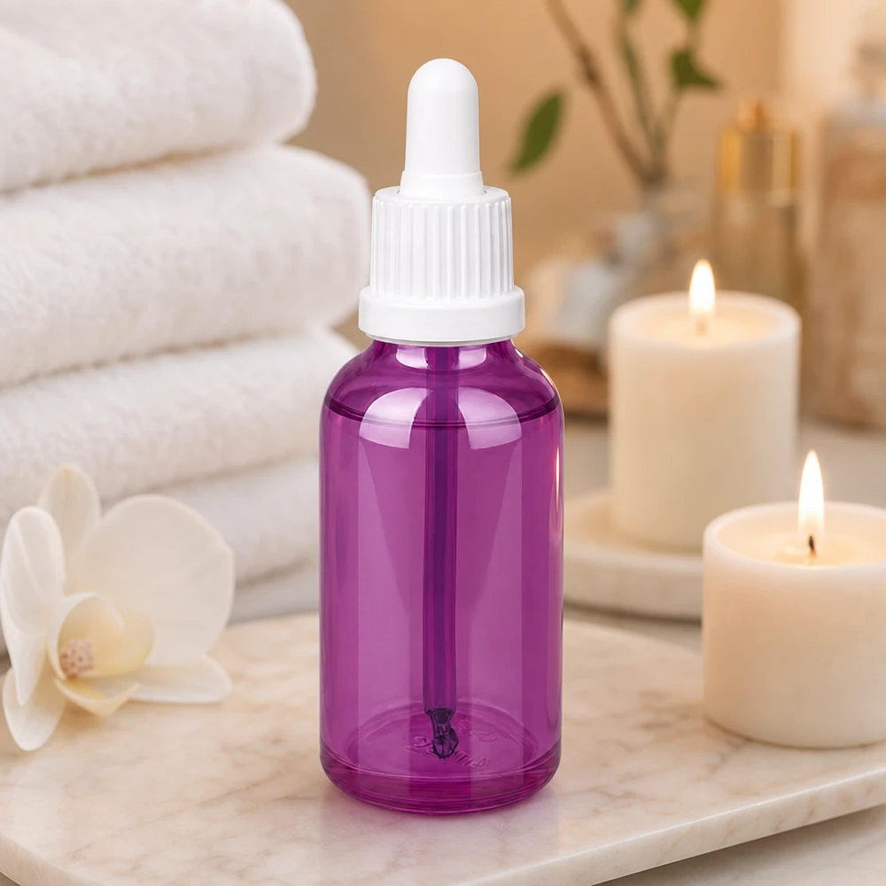 30ml pipettipullo valkoinen omaperäinen ruuvikorkki PurpleLine UT18/30 Laadukas 30ml pipettipullo violetista lasista, jossa on valkoinen UT18-korkki seerumeille.