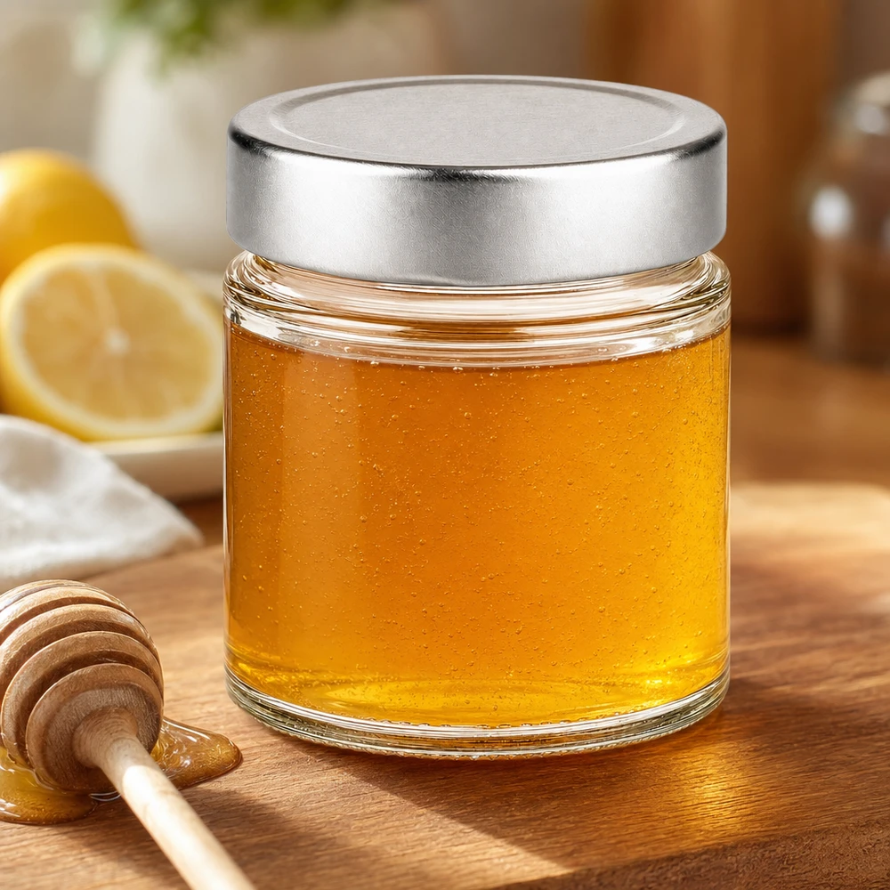 135ml pyöreä purkki + BasicSeal-kansi hopea syvä UNiTWIST 135ml pyöreä purkki hopeinen kansi täynnä kultaista hunajaa hunaja lusikka sitruuna keittiö luonnollinen ruoka purkki
