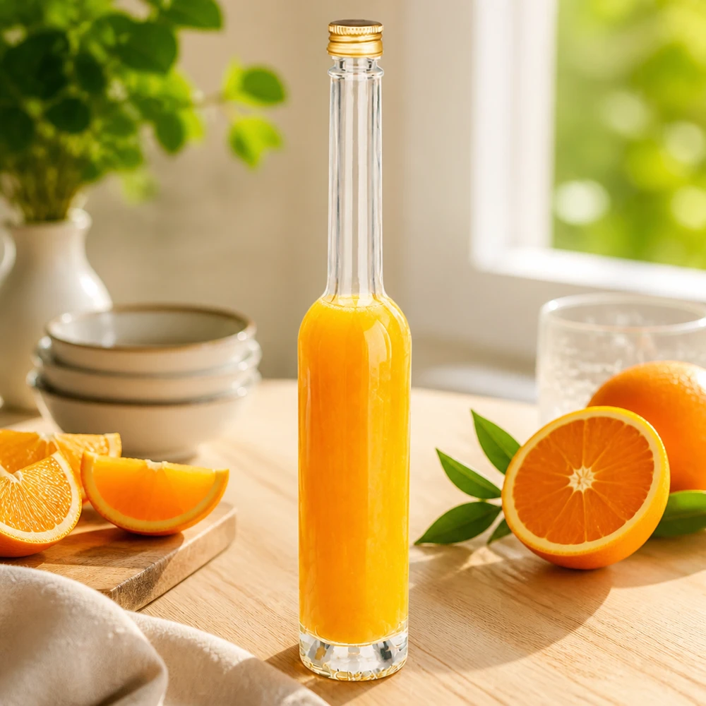 100ml lasipullo Toni täynnä appelsiinimehua - kultainen UNiTWIST-kierrekorkki keittiön maisemissa tuoreilla appelsiineilla täytettynä.