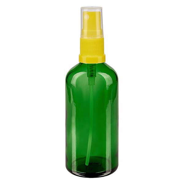 Apteekkipullo vihreä 100ml suihkepullon korkki keltainen Apteekkipullo vihreä 100ml suihkepullon korkki keltainen