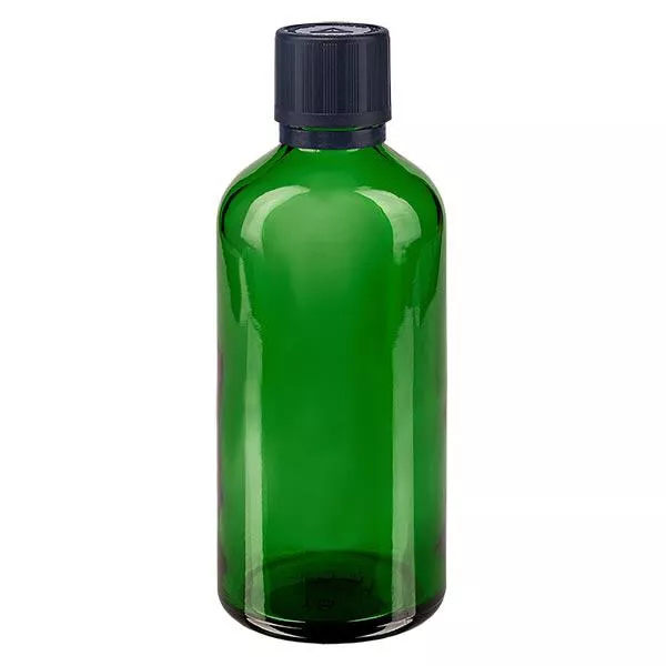 Apteekkipullo vihreä 100ml tiputuskorkki premium 1mm musta lapsiturvallinen peukaloinninestokorkki. Apteekkipullo vihreä 100ml tiputuskorkki premium 1mm musta lapsiturvallinen peukaloinninestokorkki.