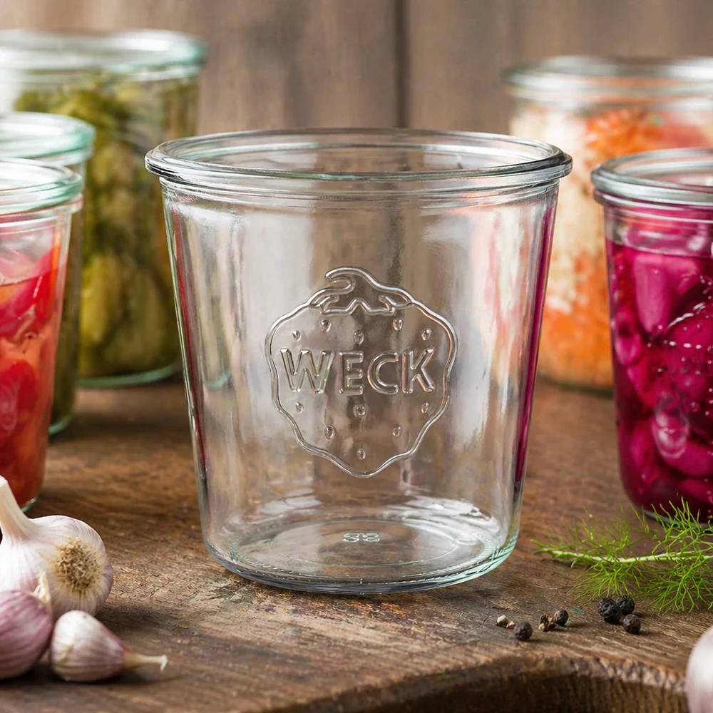580ml juomalasit WECK RR100 580 ml:n lasipurkki WECK RR100 tyhjä ja logolla varustettu puupöydällä värikkäiden vihanneksia ja valkosipulia sisältävien säilöntäpurkkien vieressä.