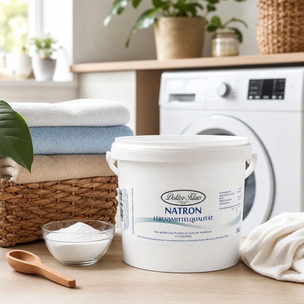 Tohtori Klaus Natron 5kg pesutuvassa, taustalla taitetut pyyhkeet ja pesukone.