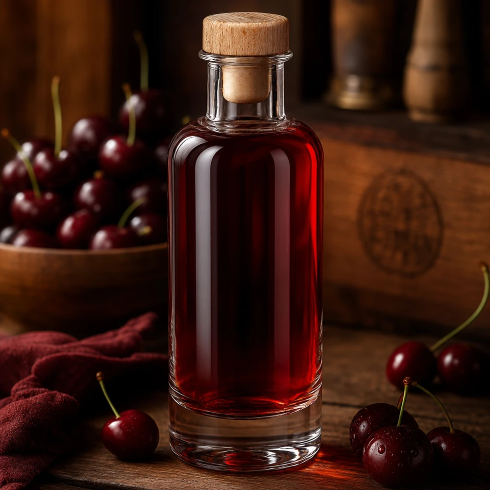 200ml Glasflasche "Ella" mit Holzgriff-Korken UNiTWIST Glasflasche Ella 200ml mit Holzkorken gefüllt mit rotem Kirschlikör zwischen frischen Kirschen auf warmem Holztisch