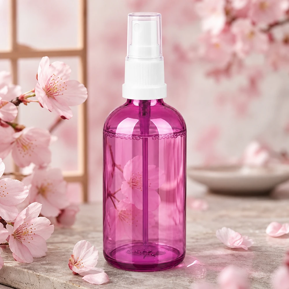 Pieni 100ml suihkepullo läpinäkyvässä violetissa värissä ihanteellinen matkoille ja liikkeellä oloon.