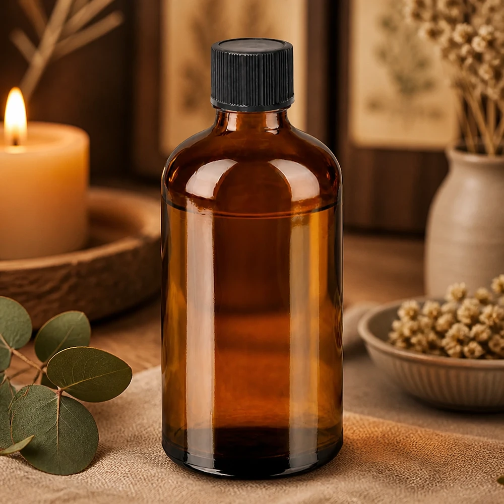 Korkealaatuinen 100ml tippapullo ruskeasta lasista, jossa on vakiomusta korkki homeopatiaa varten.