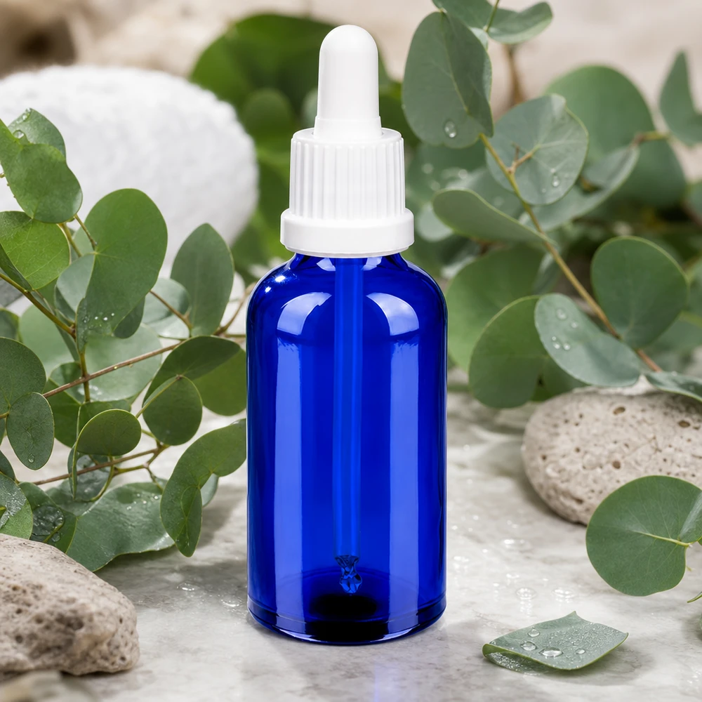 Tyylikäs sininen 50ml pipettipullo OV BlueLine UT18/50, jossa on ergonominen valkoinen tiputuskorkki.