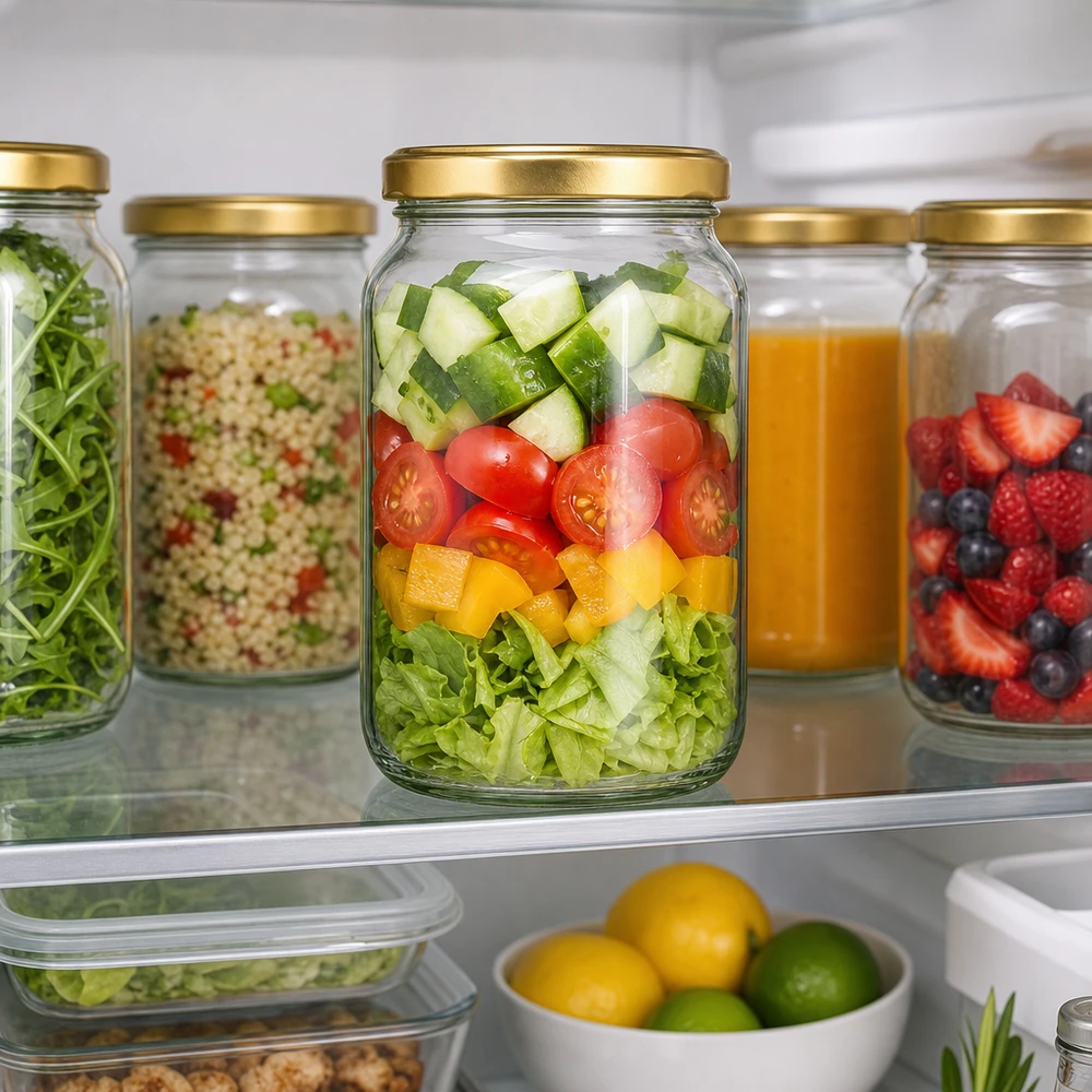 1700ml pyöreä purkki, jossa on kultainen BasicSeal-kansi jääkaapissa, näyttää Meal Prep salaatilla ja terveellisellä säilytyksellä.