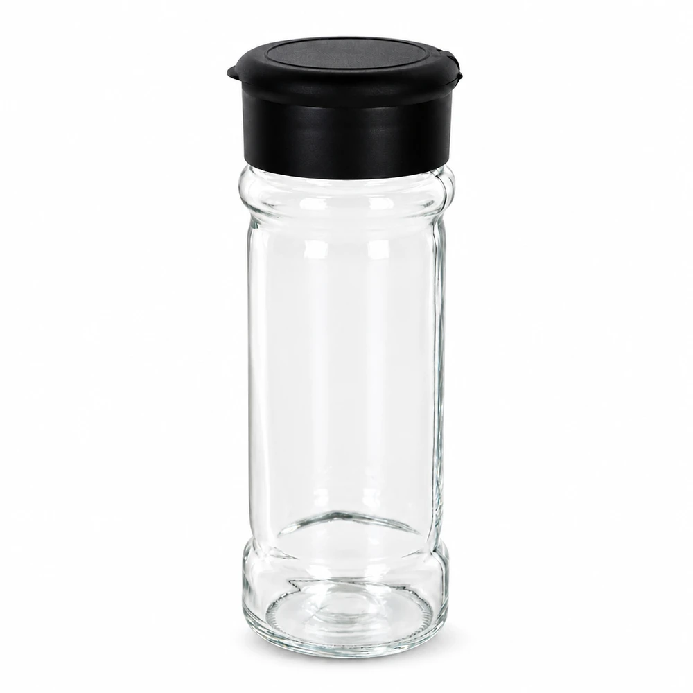 Suola-/maustepurkki 100 ml, musta, ripottimella Sylinterimäinen, kirkaslasinen maustepurkki, 100 ml, jossa on musta muovinen ripottelukansi, joka avautuu ylhäältä