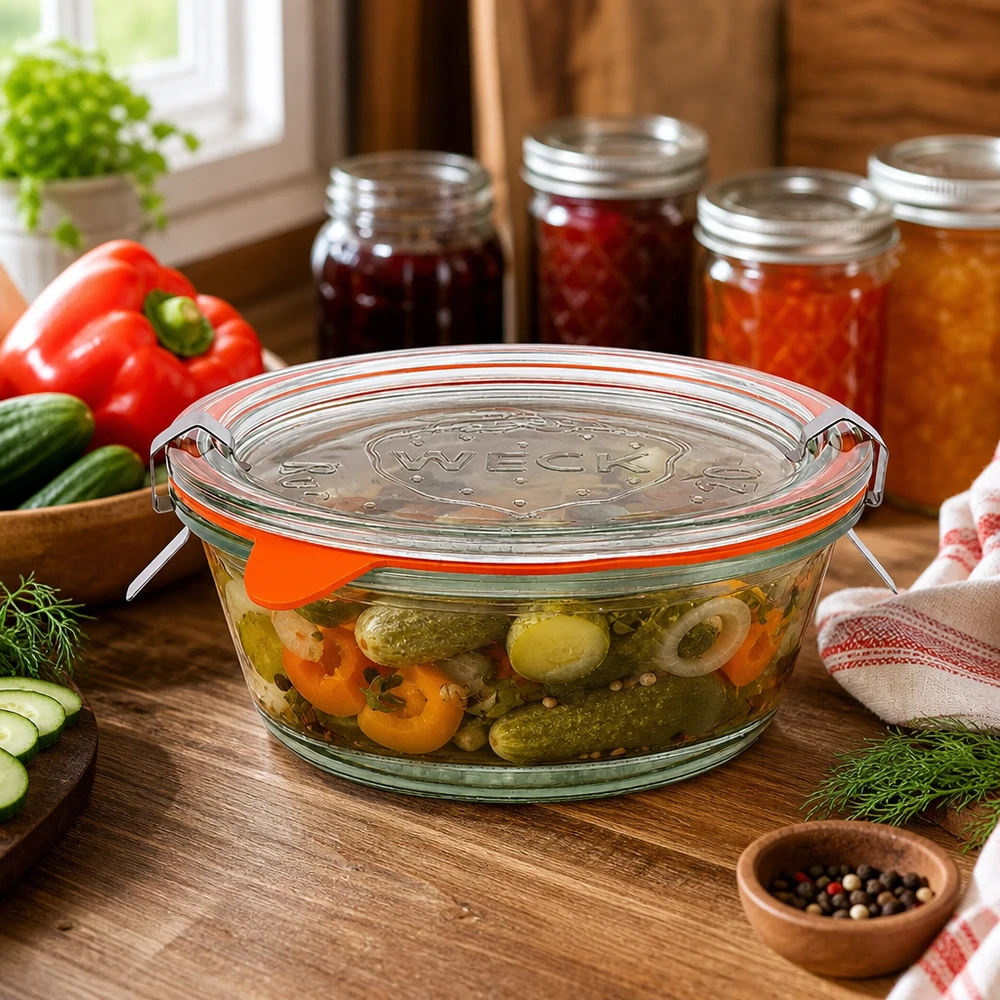 300ml gourmet-purkki täydellinen WECK RR120 WECK 300ml gourmet-purkki RR120 keittiössä marinoitujen vihannesten kanssa, säilöntätölkit taustalla, keittiötunnelma, keittiön tunnelma