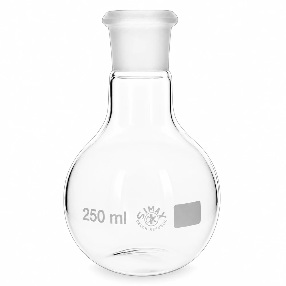 Lantiopullo 250ml, jossa on vakiohiottu liitos (29/32). Pyöreä lasipullo 250ml, jossa on vakiohiottu liitos 29/32 ja tulppa kemiallisiin kokeisiin.