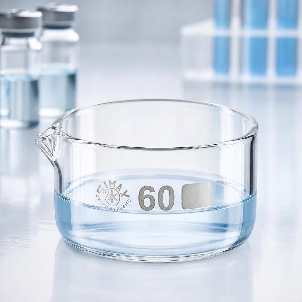 60ml kiteytysastia, jossa on borosilikaattikannu ø60mm Kiteytysastia 60 ml Simax, litteä lasiastia, kaatonokka, pohjamerkintä, laboratoriomallinen, sylinterimäinen, kirkas
