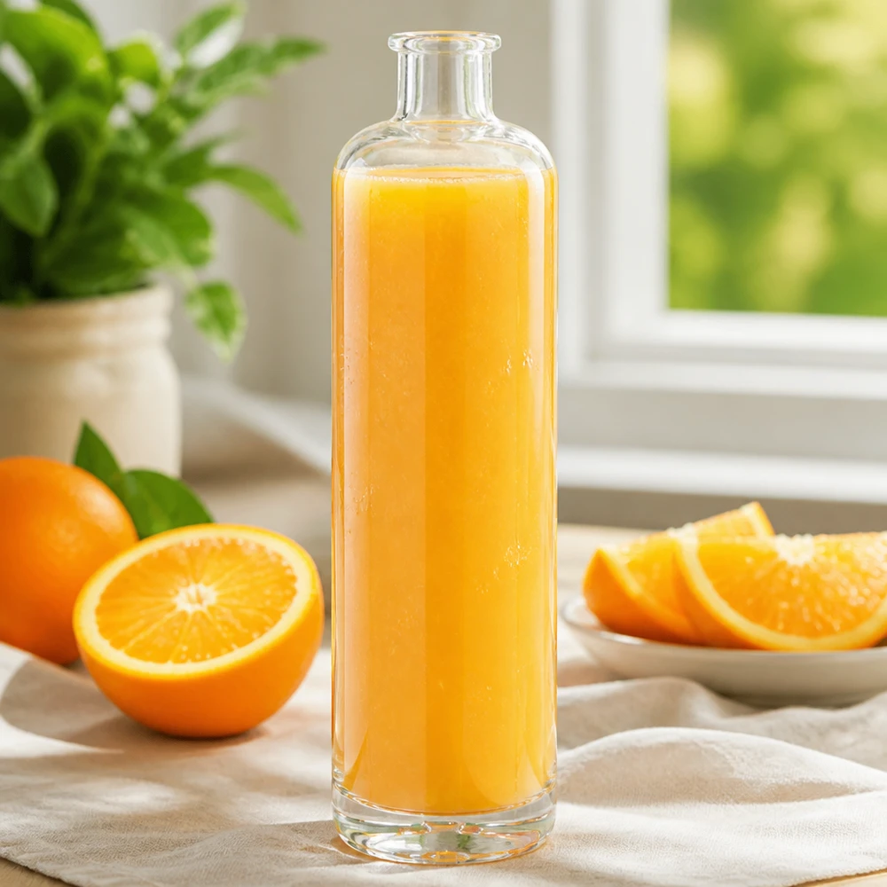 700ml Glasflasche "Eleganz" ohne Verschluss UNiTWIST® 700 ml:n Ella-lasipullo täynnä tuoretta appelsiinimehua appelsiiniviipaleiden vieressä vaalealla keittiönpöydällä, jossa on kasvikoristeita.