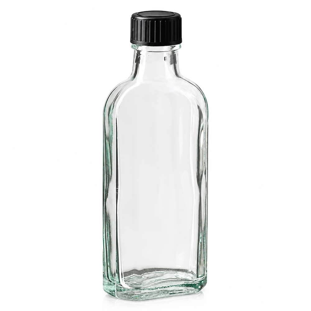 100 ml:n Meplat-pullo, kirkasta lasia, mustalla kierrekorkilla ja EPE-tiivistekiekolla