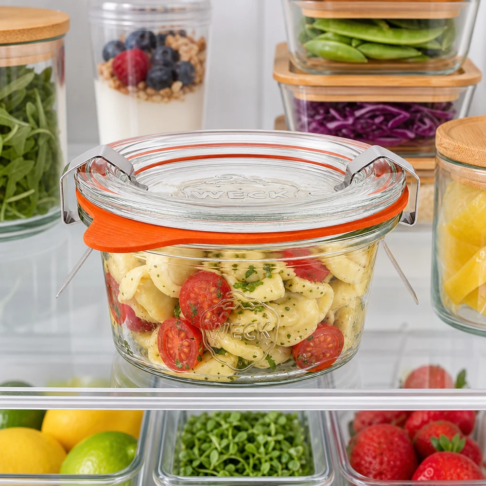 50 ml:n tumppupurkki täydellisenä WECK RR60 WECK 50ml juomapullot RR60 jääkaapissa täynnä pastasalaattia muiden ruoka-astioiden välissä säilytystä varten.