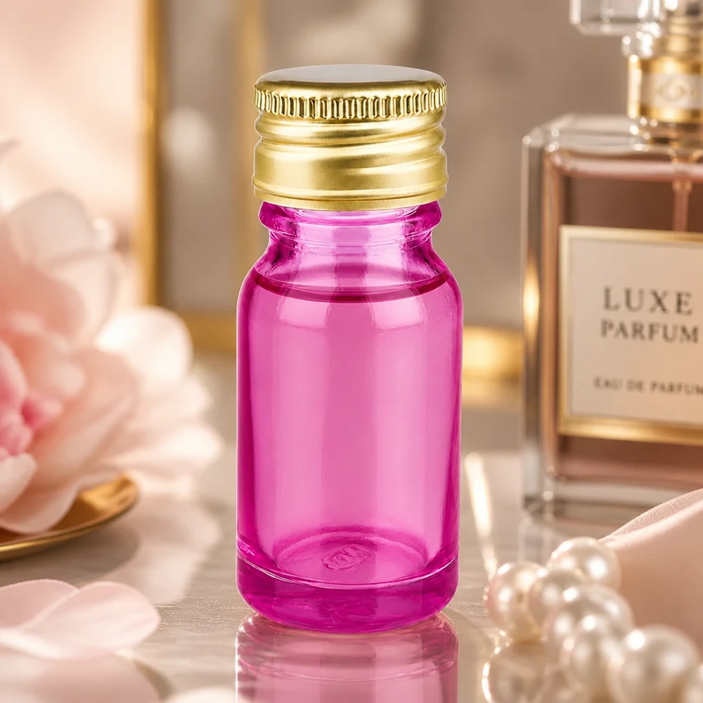 Laadukas 10ml pullo, jossa on tyylikäs violetti lasi ja premium-alumiinikultainen korkki ylellisyystuotteille.
