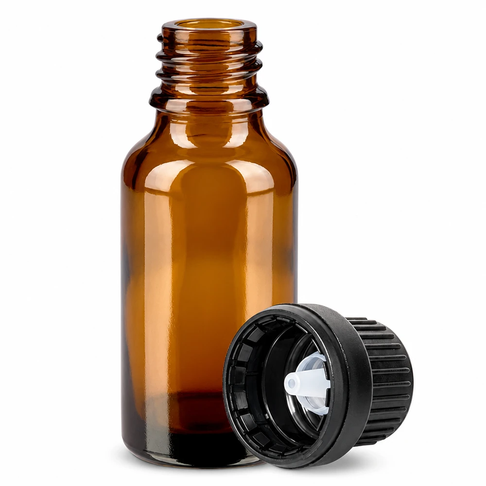 20ml tippapullo 2mm musta väärentämisen estävä sulkeminen BrownLine UT18/20 20ml meripihkanvärinen lasipullo, jossa on 2 mm:n tippaeriste nesteiden tarkkaa annostelua varten.