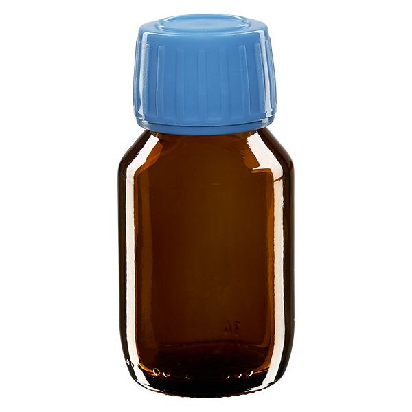 50ml lääkepullo ruskea, sininen korkki, jossa on peukaloinnin estävä rengas ApoGlas 50ml lääkepullo ruskea, sininen korkki, jossa on peukaloinnin estävä rengas ApoGlas