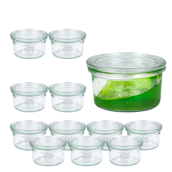 12 Weck-purkin 165 ml:n juomalasipurkkisarja, jossa on 12 lasikantta. 12 Weck-purkin 165 ml:n juomalasipurkkisarja, jossa on 12 lasikantta.