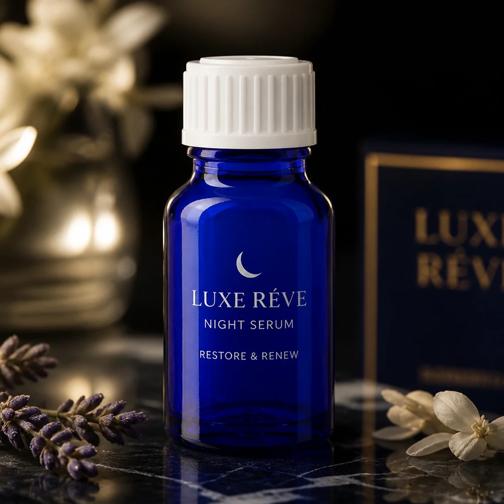 Apteekkipullo sininen 10ml ruuvikorkki valkoinen standardi Luxe Reve Night Serum koboltinsinisessä 10 ml:n apteekkipullossa, jossa on valkoinen kierrekorkki