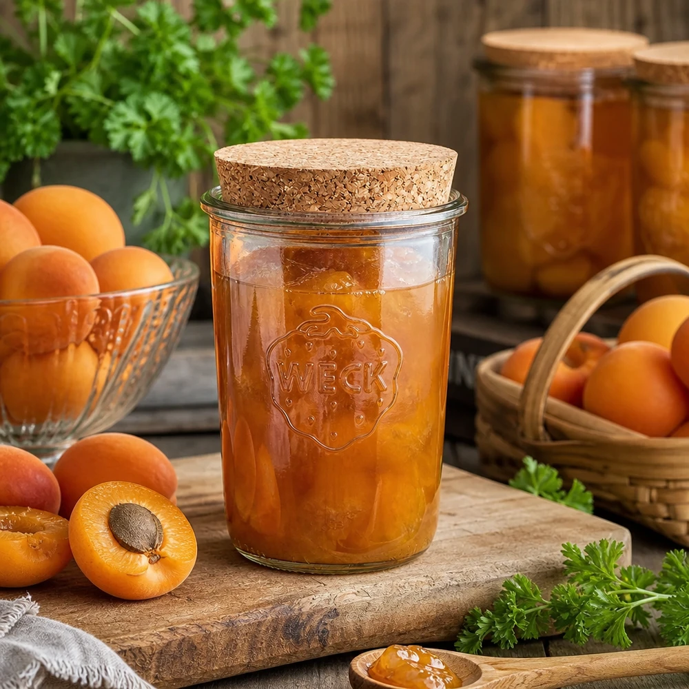 WECK RR100 850ml korkillinen purkki, joka on täytetty aprikoosihillolla, tuoreiden aprikoosien vieressä puupöydällä.