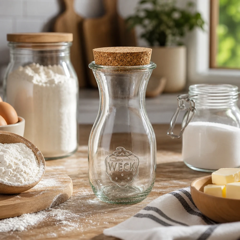WECK mehupullo 290ml RR60 tyhjä keittiössä ympäröivät leivonta-ainekset jauhot maito voi puulauta maalaistalon tyyliin