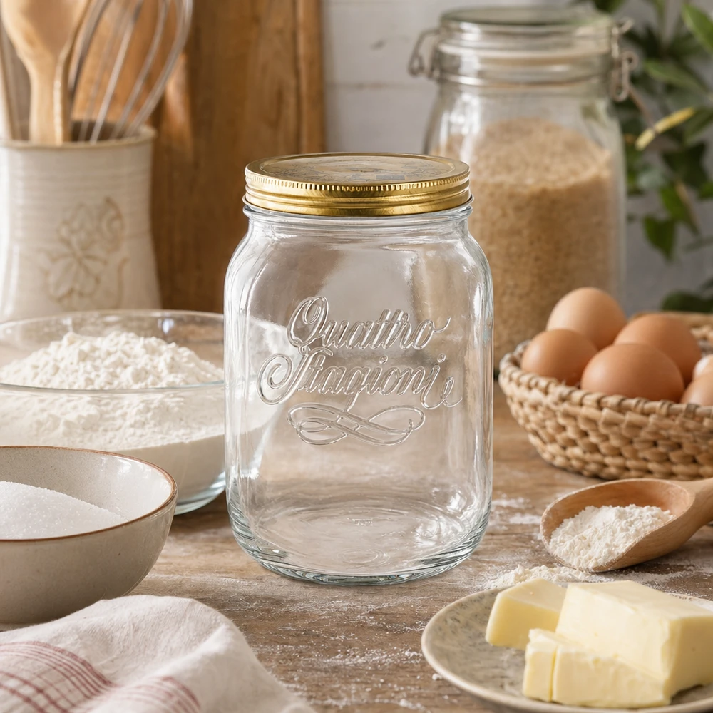 2000ml pyöreä purkki "Quattro Stagioni" kannella. Quattro Stagioni 2000ml säilöntäpurkki maalaismaisessa keittiössä leivonta-aineksilla - italialainen säilytyspurkki jauhoja varten