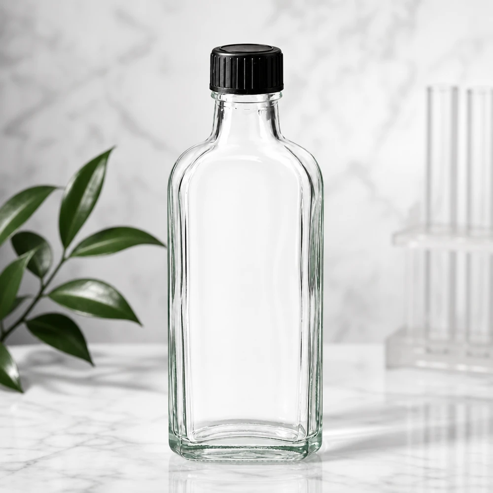 Tyhjä 100 ml:n Meplat-lasipullo, kirkas, mustalla kierrekorkilla, marmoritaustalla