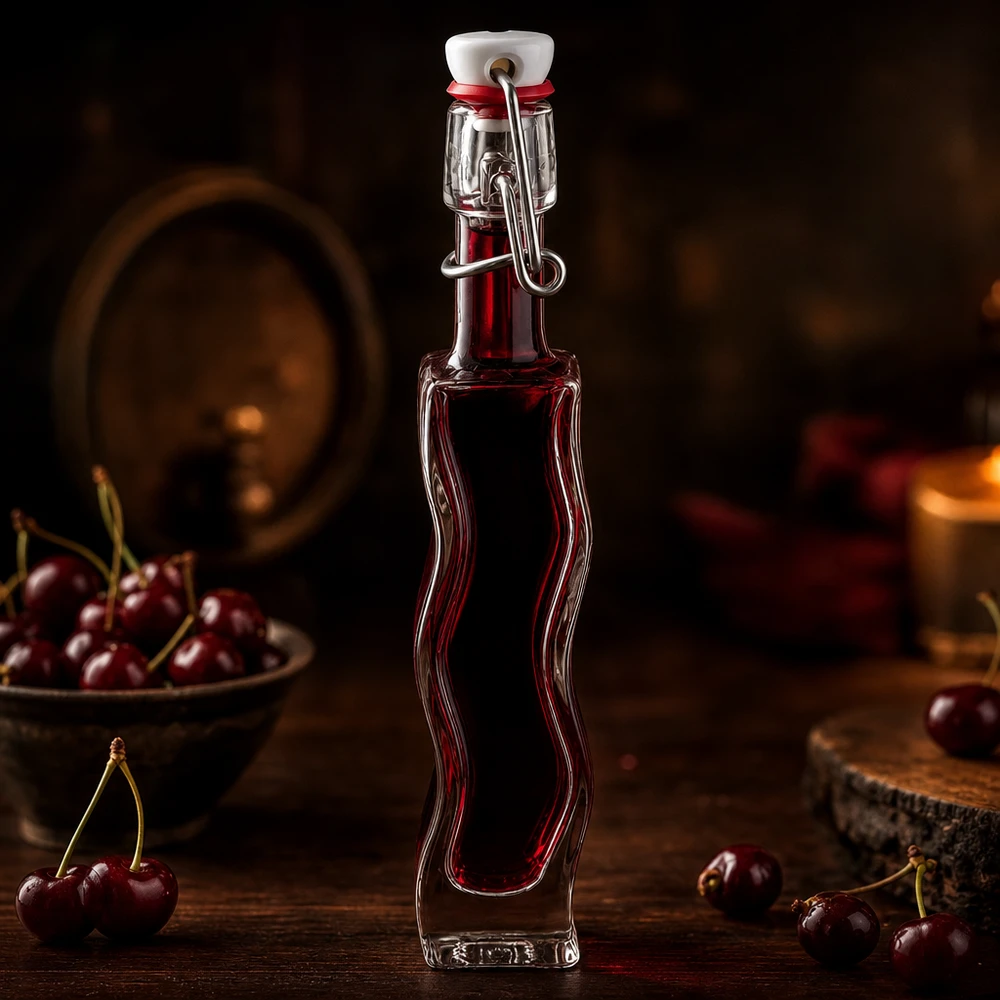 40ml Glasflasche "Anna" mit PVC Bügelverschluss UNiTWIST 40ml Anna-lasipullo, jossa on tummanpunaista kirsikkanestettä maalaismaisessa viinikellarin tunnelmassa, jossa on tuoreita kirsikoita.