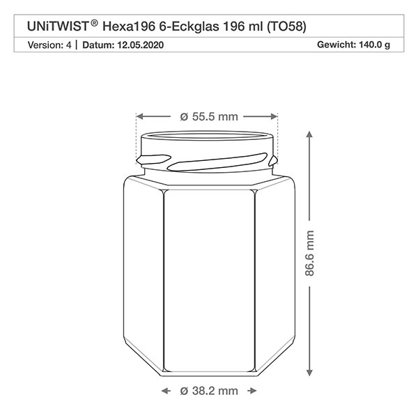 196ml Hexa-purkki ilman kantta (TO58) UNiTWIST UNiTWIST UNiTWIST Hexa196 kuusikulmainen muurinpohjapurkki 196ml TO58-kierre tekninen piirustus, jonka mitat ovat 55.5mm halkaisijaltaan.