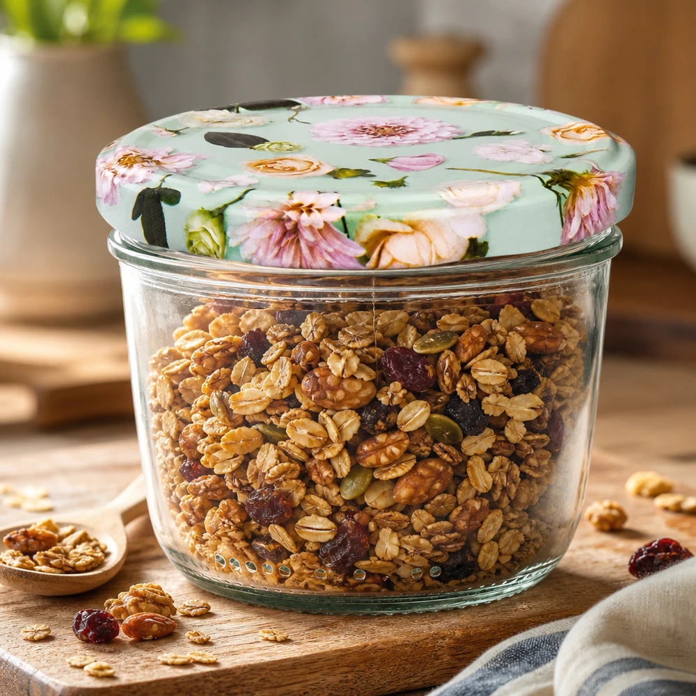 230ml juomalasit + BasicSeal kansi kukka minttu UNiTWIST 230ml Sturzglas mit BasicSeal Deckel Blume mint gefüllt mit Nüssen und Trockenfrüchten auf Holztisch in Küche